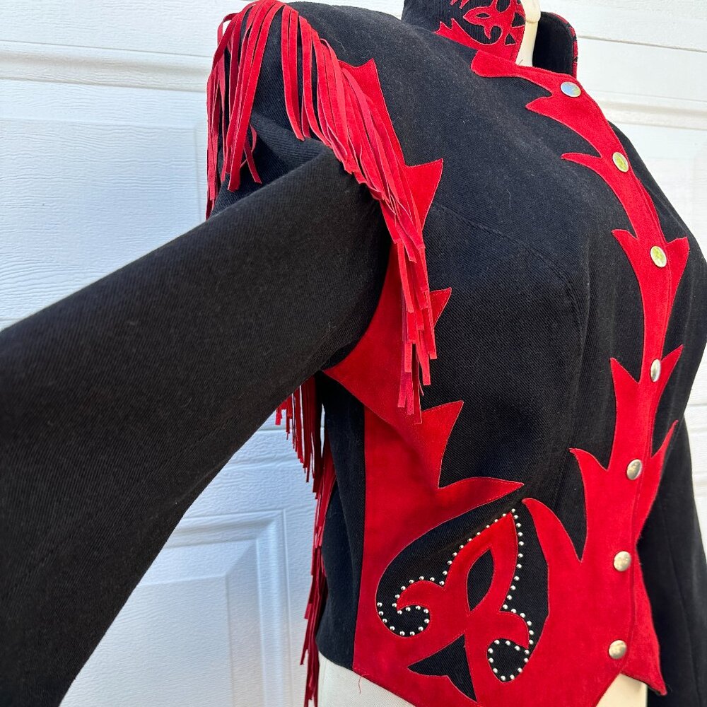 Vtg Western Suede Jacket Coat Tassels Fringe Red Black Corduroy Diamonds Leather - Picture 9 of 15